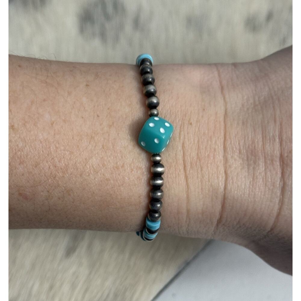 Native American Sterling Silver Navajo Pearl Turquoise Stretch Bracelet Dice
